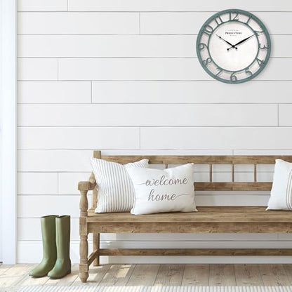 13" Farmhouse Series Wall Clock | Shiplap Style, Silent No Ticking, Coastal Clock, Raised 3D Arabic Numeral, Aged Teal Finish - color: Aged Teal Finish, size: 13 inch