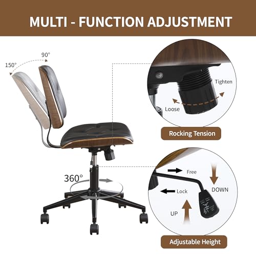 VipDesk Small Home Office Chair - Armless Mid Back Desk Chair with 360° Swivel and Wheels, PU Upholstered Height Adjustable Modern Walnut Computer Chair for Home, Office Meeting Room - Black - color: Black, size: Button Style