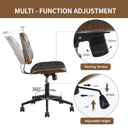 VipDesk Small Home Office Chair - Armless Mid Back Desk Chair with 360° Swivel and Wheels, PU Upholstered Height Adjustable Modern Walnut Computer Chair for Home, Office Meeting Room - Black - color: Black, size: Button Style
