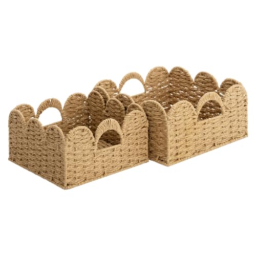 StorageWorks Scalloped Wicker Basket, Wicker Storage Baskets, Paper Rope | Woven Baskets for Storage, Wicker Storage Baskets for Shelves, Large Wicker Basket, Shelf Basket with Handles, 2 Pack - color: Natural(Paper Rope), size: 11 ½" L x 11 ½" W x 5 ¾" H