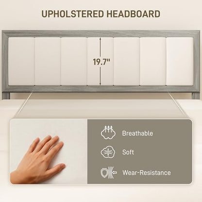 HOMCOM Queen Size Bed Frame, Upholstered Headboard, Wooden Slats, Gray | Platform Bed Frame, No Box Spring Needed, Easy Assembly - size: Queen