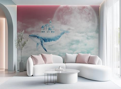 ASJ Kids Nursery Peel and Stick Wallpaper Mural, Whale Castle Moonlight | Seamless edge-to-edge match. Full moon cloud fairy tale artwork, 98x62 in, premium fabric, kids bedroom playroom. - color: Moonlight Silver, size: 98" x 62"