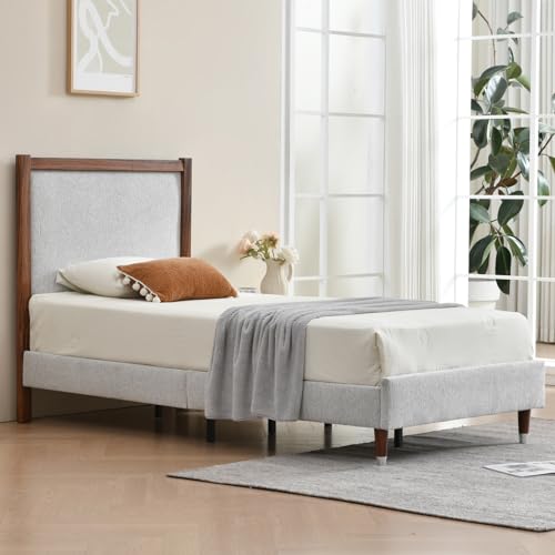 YUHUASHI Twin Upholstered Platform Bed Frame with Solid Wood Trim Headboard, Linen Fabric Upholstery, Sturdy Slat Support No Box Spring Needed, Easy Assembly (Light Grey, Twin) - color: Light Grey, size: Twin