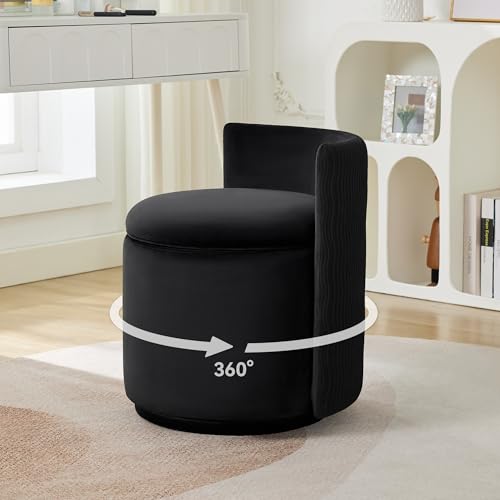 WUTUTUEE Velvet Vanity Chair with Storage, 360° Swivel Makeup Chair with Wave Back, No Assembly Small Accent Stool for Bedroom, Dressing, Living Room, Black - color: Black, size: Regular