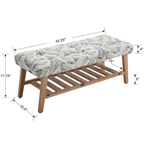Kmax 45" Entryway Bench with Shoe Storage, Floral | Tufted Upholstered Design, with Shoe Storage Shelf , Sturdy Wooden Frame, linen fabric, for foyer Hallway Bedroom - color: Floral Pattern