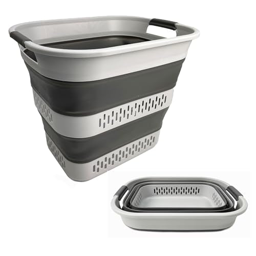 SAMMART 40L (10.5 Gallon) Collapsible Plastic Laundry Basket - Foldable Pop Up Storage Container/Organizer - Portable Laundry Hamper - Space Saving (1, Grey) - color: Grey