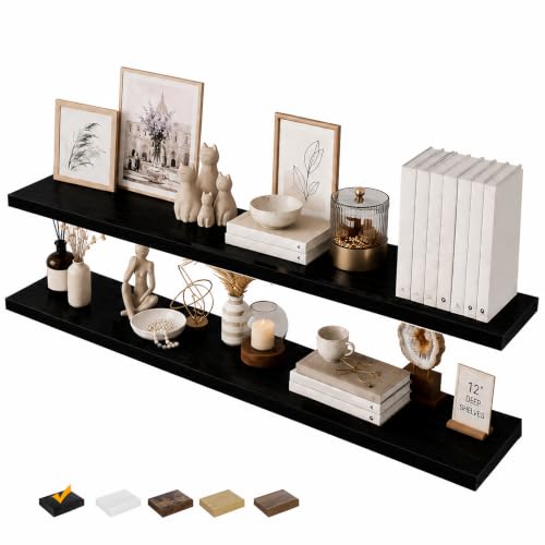 RICHER HOUSE 55 Inch Long Floating Shelves, 12 Inch Deep Black Wall Shelf | Wide Wall Shelves for Bedroom Kitchen Bathroom Wall Mounted Shelves, Rustic Wooden Bookshelf with Invisible Bracket, 2 Pack - color: Black, size: 55in