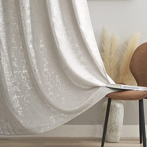 Taisier Home Silver Foil Print Linen Textured Curtains Geometric Dots Pattern Design Curtains for Nursery Toy Room Thermal Insulated Window Treatment 2 Panels 45" L,Beige and Silver Drapes Print - color: Greyish Beige/Silver, size: 52"W x 45"L (Pack of 2)