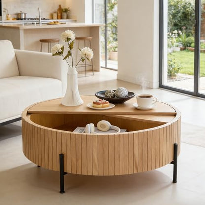 Modern 31.5” Round Coffee Table, Small Center Table with Large Built in Storage, MDF Wood Side Table, Dinning Table for Living Room, Apartment, Small Space.(Natural) - color: Natural-d