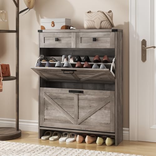 Halitaa Shoe Cabinet with 2 Flip Drawers & 2 Drawers,Farmhouse Shoe Storage Cabinet for Entryway,Slim Freestanding Narrow Organizer Rack for Front Door Entrance,Grey - color: Grey, style: 2-Drawers