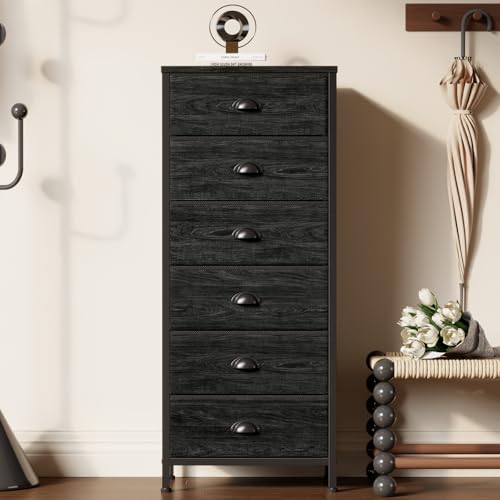 Black&Rustic Brown Tall Dresser with 6 Drawers, Nightstand for Bedroom,Industrial Dorm Bedside Furniture with Fabric Storage Drawer Organizer in Living Room,Closet,Entryway