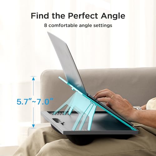 HUANUO Adjustable Lap Desk - with 8 Adjustable Angles & Dual Cushions Laptop Stand for Car Laptop Desk, Work Table, Lap Writing Board & Drawing Desk on Sofa or Bed, HNLD2TB | Dual-cushion base, carry handle, 30% thicker for durability, wider anti-slip led