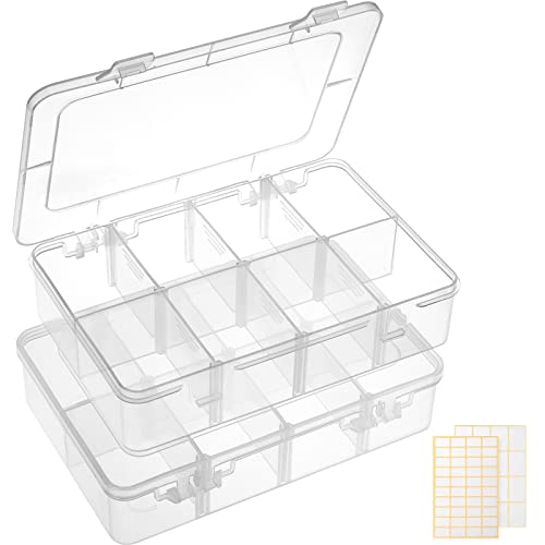 QUEFE Bead Organizer Box 2 Pack 8 Grid Plastic Tackle Box Storage Dividers | Plastic Organizer, Removable Dividers, for Candies Snacks Electronics Jewelry and Small Parts, Drawer and Craft Storage - size: 2pcs
