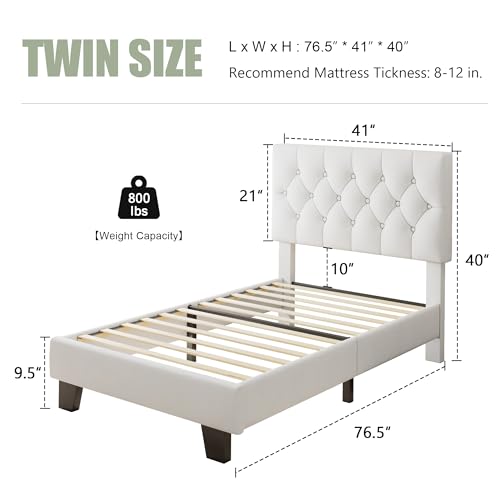 Feonase Velvet Twin Size Bed Frame with Button Tufted Headboard, Upholstered Bed with Wooden Slats Support, No Box Spring Needed, Easy Assembly, Noise-Free, White - color: White, size: Twin