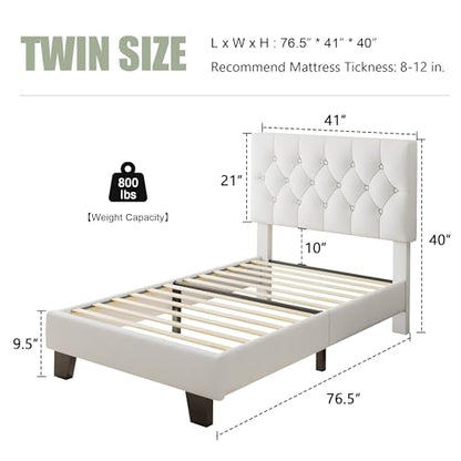 Feonase Velvet Twin Size Bed Frame with Button Tufted Headboard, Upholstered Bed with Wooden Slats Support, No Box Spring Needed, Easy Assembly, Noise-Free, White - color: White, size: Twin