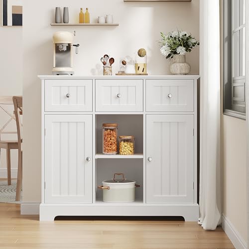 ChooChoo 35.4" Coffee Bar Cabinet with 3 Drawers and 2 Doors, White | Buffet Cabinet with Adjustable Shelves, Storage Cabinet for Compact Kitchens, Dining rooms and Living rooms - color: White