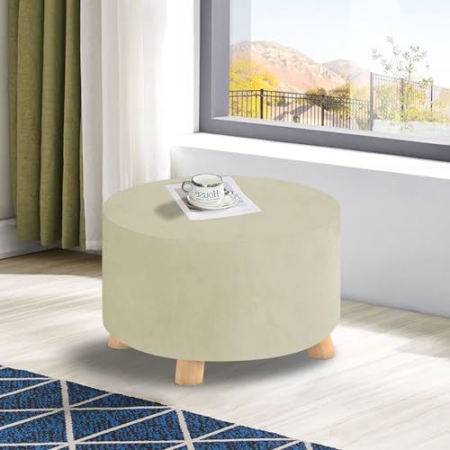 MAXIJIN Velvet Ottoman Slipcover - Round Foot Stool Cover - Thick Washable Beige Medium Size - color: Beige, size: 14"D x 14"W x 15"H