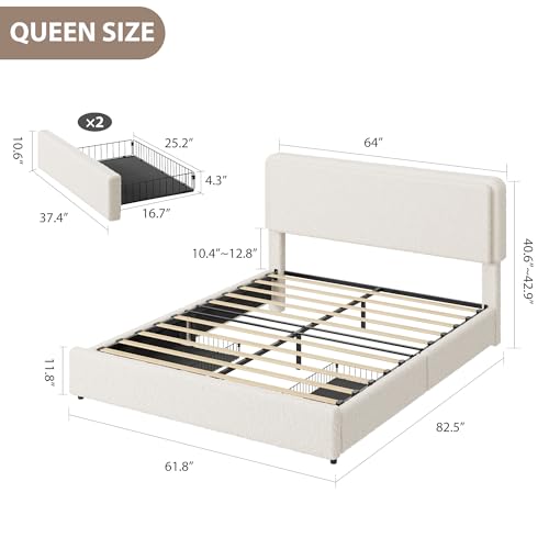 GarveeHome Queen Size Bed Frame with 2 Storage Drawer, Cream Beige | Teddy Fleece Thick Upholstered Platform Bed Frame with Adjustable Headboard, No Box Spring Needed - size: Queen