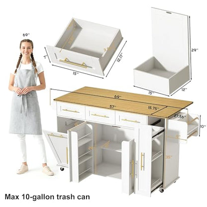St.Mandyu 69" Large Kitchen Island on Wheels, Kitchen Rolling Island Cart with Trash Storage Cabinet, Power Outlet, 3-Tier Pull-Out Storage Trays, Drop Leaf, Mobile Island Table for Kitchen, White - color: White
