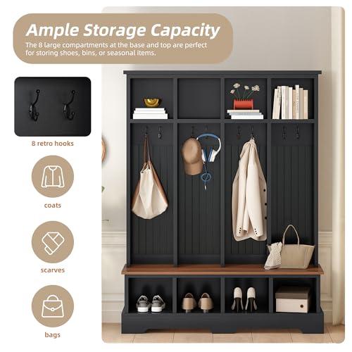 Merax Farmhouse Hall Tree with Bench and Shoe Storage, 59" Entryway Bench with Coat Rack, 3-in-1 Hall Tree with Top Compartments and 8 Hooks for Hallway, Living Room, Black - color: Black