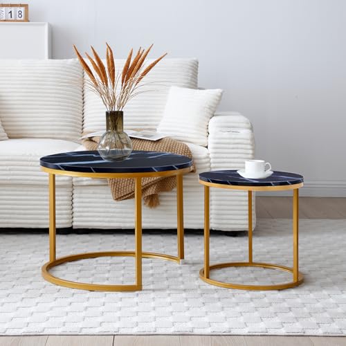 Nesting Coffee Table Set of 2 for Small Spaces, 23.6" Round Coffee Table with Marble Pattern Wood Top & Golden Metal Frame, Modern End Side Tables for Living Room, Apartment - color: Black, Gold