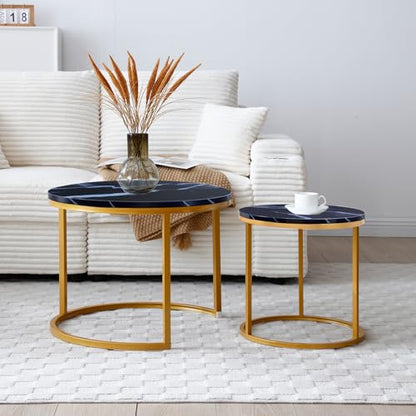 Nesting Coffee Table Set of 2 for Small Spaces, 23.6" Round Coffee Table with Marble Pattern Wood Top & Golden Metal Frame, Modern End Side Tables for Living Room, Apartment - color: Black, Gold