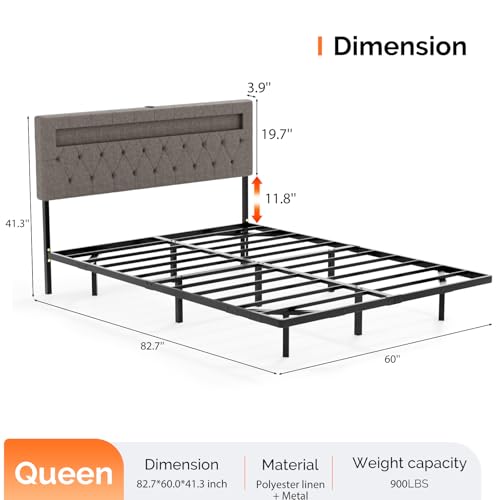 VINGLI Queen Floating Bed Frame with Headboard Heavy Duty Metal Frame, Storage Shelf, LED Lights Charging Station, Modern Platform Bed, Adjustable Headboard, No Box Spring Needed, Grey - color: Grey, size: Queen