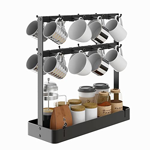 Coffee Mug Holder, 2 Tier Metal Mug Rack with 16 Movable Hooks | Extra Cup Holder for Countertop, Organize Coffee Mugs, Cups, Coffee Pods and Accessories for Kitchen, Coffee Bar, Office
