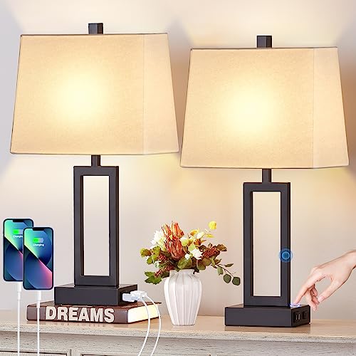 23.5" Touch Control Table Lamps Set of 2, Bedside Lamp with 2 USB Ports & AC Outlet, 3-Way Dimmable Nightstand Lamp with White Linen Shade for Living Room Bedroom End Table Office(2 LED Bulb Included) - color: White