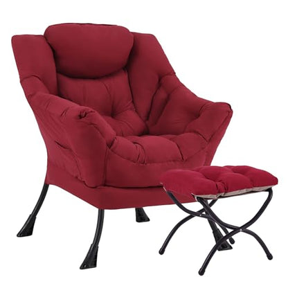 Lazy Chair with Ottoman, Soft Comfy Chair for Bedroom, Burgundy | Reading Accent Lounge Chair with folding Foot Stool for Living Room Dorm Apartment, sturdy metal frame - color: Burgundy