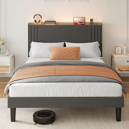 Gizoon Queen Bed Frame with Charging Station and LED Lights | Upholstered Wingback Platform Bed with Padded Headboard,Wooden Slats,Noise-Free,No Box Spring Needed, Easy Assembly,Dark Grey - color: Dark Grey+led, size: Queen