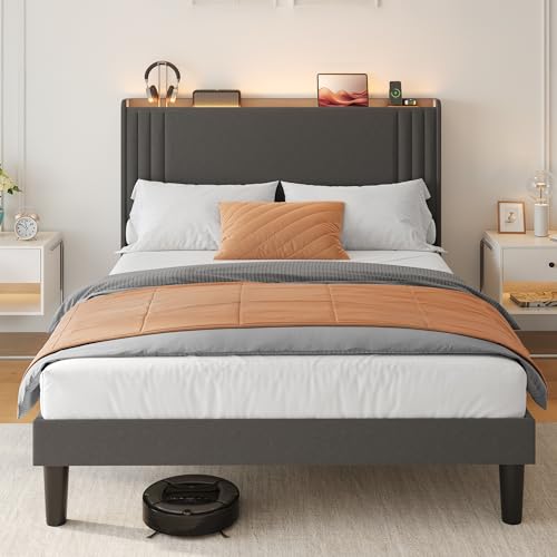 Gizoon Queen Bed Frame with Charging Station and LED Lights | Upholstered Wingback Platform Bed with Padded Headboard,Wooden Slats,Noise-Free,No Box Spring Needed, Easy Assembly,Dark Grey - color: Dark Grey+led, size: Queen