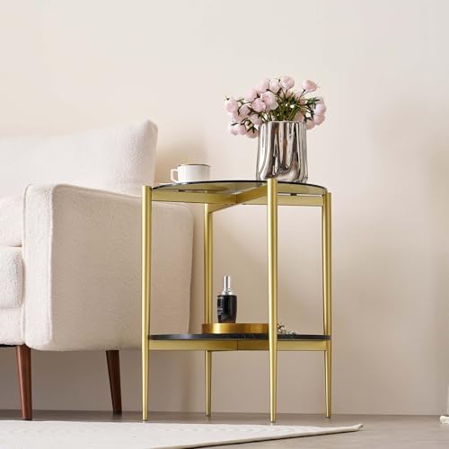 LumFurn D18in Round Glass End Table, Mid-Century Modern Side Table for Living Room, D18xH23inch, Grey Glass and Black Marble MDF Wood, Conical Legs with Gold Finish Frame - color: D18" Grey & Black Marble