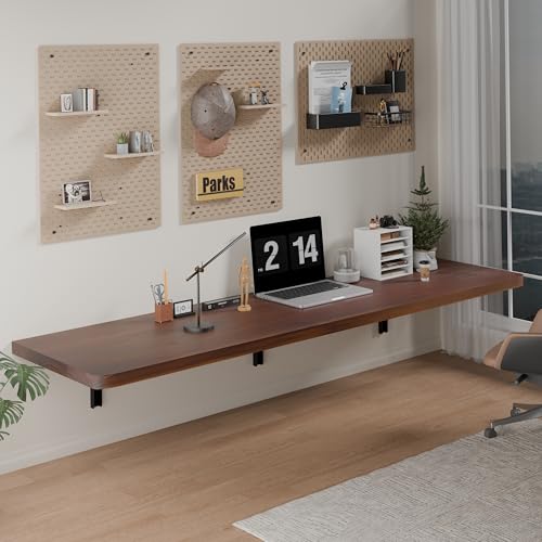 IAE Wall Mounted Folding Table with Pine Wood,60" x 16"Floating Wall Desk | Laundry Folding Table with Shelf Brackets,Fold Down Desk Shelf,Fold Workbench for Apartments,Home,Laundry Room,Kitchen,Brown - color: Brown, size: 60*16* 8 Inch