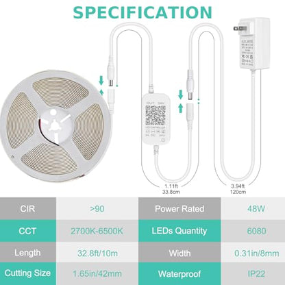 COB LED Strip Light White, Dimmable 2700K-6500K High Density 6080LEDs 24V Flexible LED Tape Light with Remote and APP Control, for Under Cabinet Bedroom Kitchen DIY Lighting,1 Rolls of 32.8ft - style: 32.8FT-2700K-6500K Tunable White