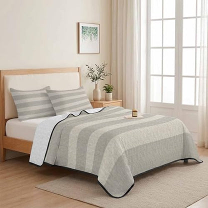Minimalist Taupe Stripes Full Quilt Bedding Set,Summer Quilt Lightweight Quilted Coverlet with 2 Pillow Shams, Farmhouse Linen Texture 3-Piece Bedspread Quilt Set for All Season - size: Full-78x90in