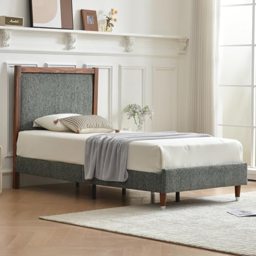 YUHUASHI Twin Upholstered Platform Bed Frame with Solid Wood Trim Headboard, Linen Fabric Upholstery, Sturdy Slat Support No Box Spring Needed, Easy Assembly (Green, Twin) - color: Green, size: Twin