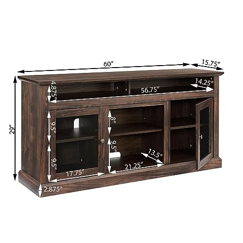 Modern TV Stand for 65 Inch TV, 60 Inch Farmhouse TV Console with Glass Doors and Adjustable Shelves for Living Room, Wood Media Entertainment Center with Cable Management, Brown - color: Brown-f-60.00 X 15.75 X 29.00 Inch