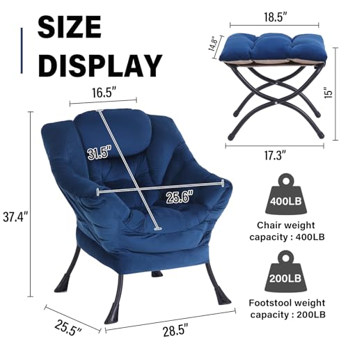 Modern Lazy Chair with Ottoman Lounge Accent Reading Chair for Living Room | Foldable Footstool,Removable Cover,Soft Padded Seat & Backrest,Upholstered Comfy Chair for Bedroom,Dorm,Office,Small Space - color: Velvet Royal Blue