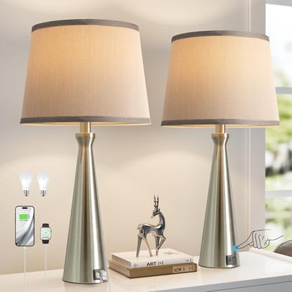 Modern Touch Lamps for Nightstand, 3 Way Dimmable Bedroom Lamp Set of 2 | USB C+A Charging Ports, Silver Bedside Lamps for Bedroom, Living Room, End Table, Bed Side, LED Bulb Included - color: B. Silver Base-Grey Shade