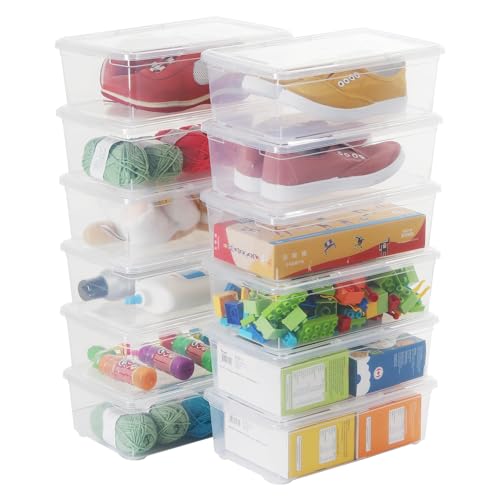 Stackable Plastic Storage Shoebox, BPA-Free Nestable Container with Latching Lid to Organize Shoes, See-Through Box for Home and Office, Multi-Purpose Clear Bins (12 Pack 6 Quart) | BPA-Free, Nestable, Home and Office, Latching Lid, Multi-Purpose