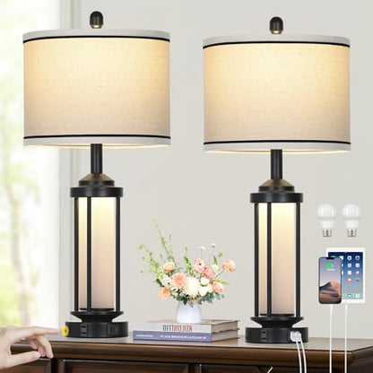 Rinweey Table Lamps Set of 2, Black Farmhouse Rustic Industrial Table Lamp with USB A+C Ports & AC Outlet, 26" Modern Bedside Lamps with LED Night Light & Linen Fabric Lampshade, Lamps for Bedroom - color: Black-5