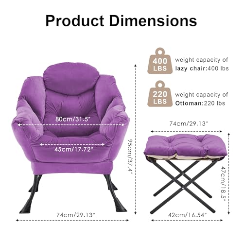 Lazy Chair with Ottoman Comfy Accent Lounge Chair with Side Pocket Cozy Chair Modern Reading Armchair with Footrest Upholstered Sofa Chair for Small Spaces Living Room Dorm Bedroom Purple - color: Purple