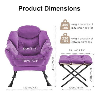 Lazy Chair with Ottoman Comfy Accent Lounge Chair with Side Pocket Cozy Chair Modern Reading Armchair with Footrest Upholstered Sofa Chair for Small Spaces Living Room Dorm Bedroom Purple - color: Purple