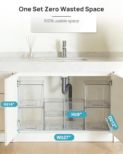Vtopmart 8 Pack Clear Pull-Out Under Sink Organizer Set (4 Large & 4 Small) | Stackable Storage Drawers, Designed to Fit Bathroom & Kitchen, Under-Sink Organization
