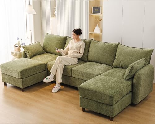 111'' Sectional Couches,with 2 Movable Chaise Lounge,Chenille,Green | U Shaped Sofa,4-Seater Comfy Couch with Thick Cushion,Wood Legs,2 Throw Pillows,Sectional for Living Room,Apartment,Bedroom - size: 111'' U Shaped Sofa