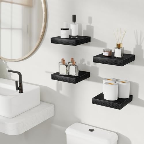 Fun Memories Floating Shelves for Wall, 8 Inch Set of 4 Rustic Wood Wall Shelves with Invisible Brackets, Heavy Duty Storage Display for Bathroom Bedroom Living Room Kitchen, Black - color: Black, size: 8"W x 8"D, Set of 4