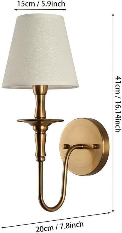 Antique Wall Sconces Battery Operated Set of 2,No Wiring Rechargeable Wall Lights with Remote , Brass Vintage Fabric Shade Wall Lamp Fixtures Gold for Living Room Bedroom Hallway Farmhouse TV