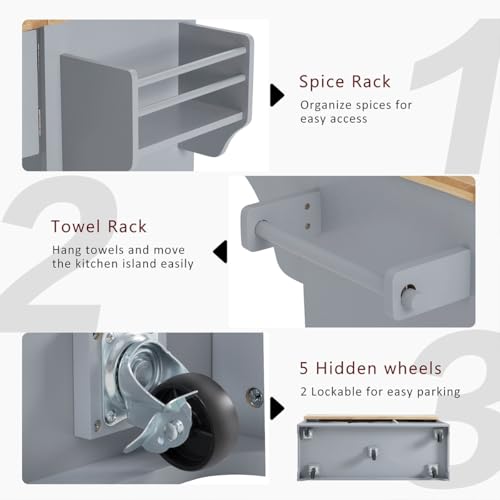 59.3" Rolling Kitchen Island with Trash Can Storage, Mobile Kitchen Storage Island with Drop Leaf, Power Outlet, Pull Out Cabinet Organizer (Greyblue) - color: Greyblue