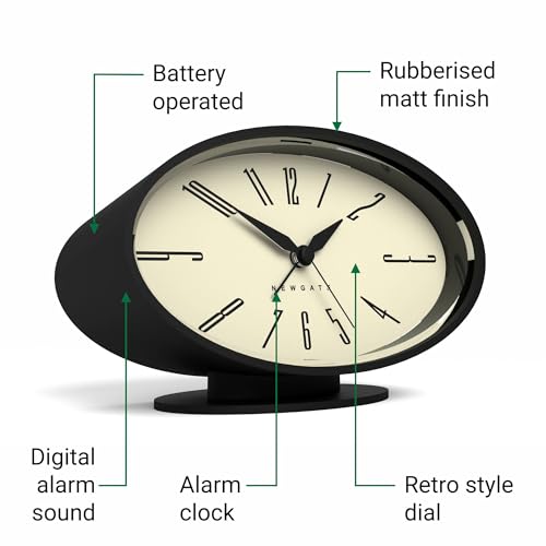 NEWGATE® Ronnie Alarm Clock | Oval Retro Design | Black Soft Rubberised Finish | Ideal for Bedside, Desk or Shelf | Modern, Retro mid-Century Bedroom & Office Accessory - color: Silicone Black